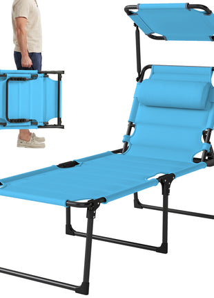 Outdoor Lounge Chair, 4 Position Adjustable Backrest, Folding, Cushioned w/ Sun Shade Roof & Pillow, Blue
