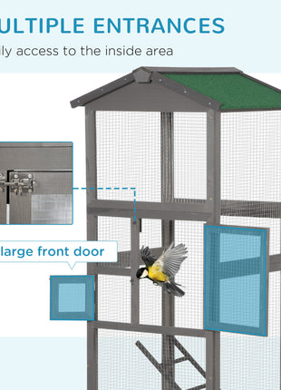 65" Wooden Bird Cage Outdoor Aviary House for Parrot, Parakeet, with Pull Out Tray and 2 Doors, Grey
