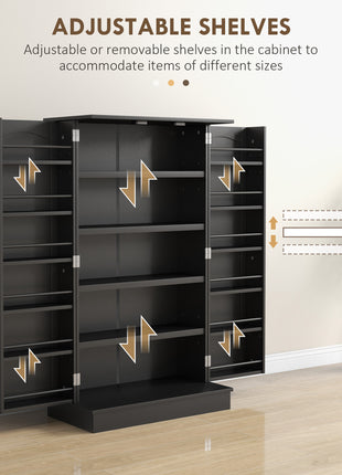 Freestanding Kitchen Pantry Cabinet, Kitchen Cabinet with 12 Door Shelves, Double Doors, 5-tier Shelving, Black