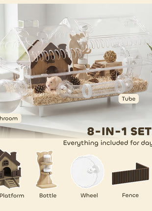 Hamster Cage with Large Wheel & Hideout, Small Animal Habitat with Accessories, Clear Pet House, 21.5" x 11.8" x 12.6",