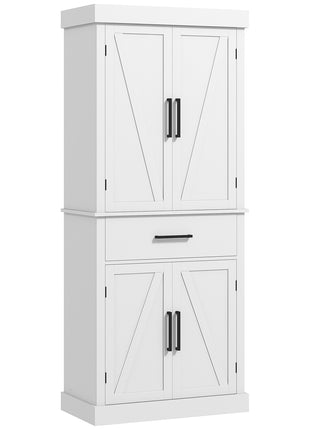 72" Tall Kitchen Cabinet, Kitchen Pantry Cabinet with Barn Doors, Drawer, 5-Tier Shelf and Adjustable Shelves, White