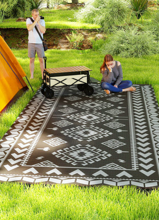 Reversible Outdoor Rug, Waterproof Plastic Straw with Carry Bag, 9' x 18', Black & Gray Rhombus Patchwork