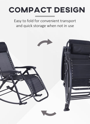 Outdoor Rocking Chairs, Foldable Reclining Zero Gravity Lounge Rocker with Pillow, Cup & Phone Holder, Combo Design with Folding Legs, Black