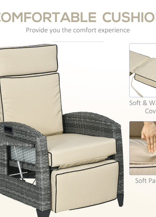 Outdoor Recliner Chair with Cushions, Reclining Patio Lounge Chair with Adjustable Footrest, Armrests, Tray Table, Khaki