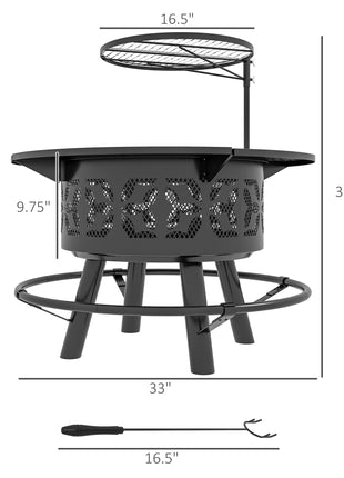 Wood Burning Fire Pit, Charcoal BBQ Grill, Portable Firepit with Cooking Grate, Pan, and Poker, 33", Black
