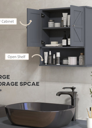 Farmhouse Bathroom Medicine Cabinet, Wall Cabinet with Barn Doors and Adjustable Shelf for Laundry Room, Gray