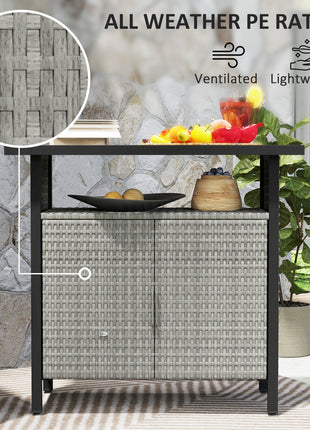 Outdoor Pool Towel Storage Cabinet Organizer, Outdoor Bar Table with Shelf and Cabinet, Pool Towel Holder Pool Valet with Weather-Resistant PE Rattan and Steel Frame, Gray