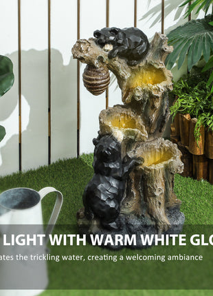 22.4" Outdoor Fountain, 3-Tier Resin Resin Bears and Honey Beehive Outdoor Waterfall Fountain with LED Lights, Pump