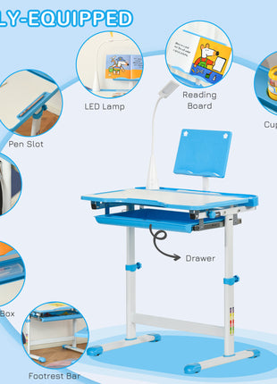 Kids Desk and Chair Set with USB Light, Storage Drawer, Blue