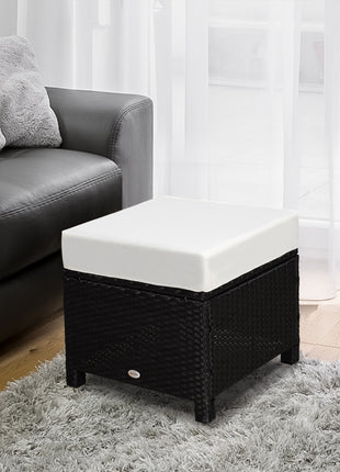20" Patio Wicker Ottoman, Multipurpose Outdoor PE Rattan Footrest, Additional Seating, Side Table with Soft Cushion, Black, Cream White