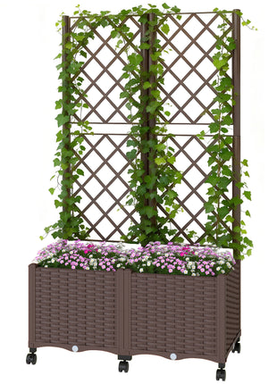 Planter Box with Trellis, Self Watering Raised Garden Bed with Lockable Wheels and Drainage Holes, Brown