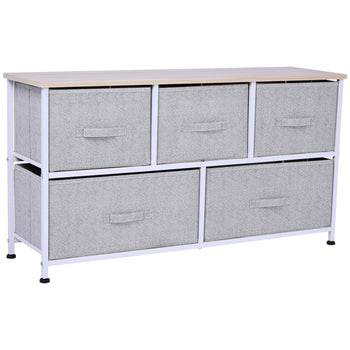 40" L 5 Drawer Horizontal Storage Cube Dresser Unit Bedroom Organizer Living Room Shelf Tower with Fabric Bins, Light Gray