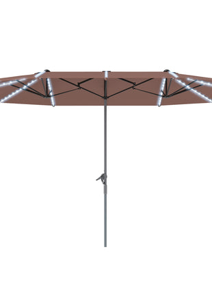 15ft Double-Sided Outdoor Umbrella with Solar Lights, UPF50+ Extra Large Aluminum Patio Umbrella with Crank, Tan