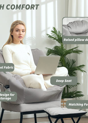 Lazy Chair and Ottoman Set, Fabric Upholstered Accent Chair with Side Pockets, for Living Room, Bedroom, Light Gray