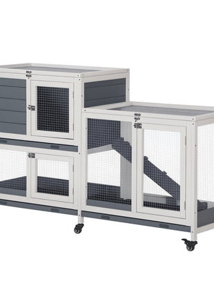 Wooden Rabbit Hutch Bunny Hutch Elevated Pet House Cage Small Animal Habitat with No Leak Tray Lockable Door Openable Top for Rabbits, Chickens, Ducks, Indoor 57.75" x 18" x 32.5" Gray