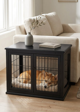 Dog Crate Furniture, 32" Small Dog Cage End Table with 2 Doors, Lockable Door, Puppy Kennel Indoor, Black