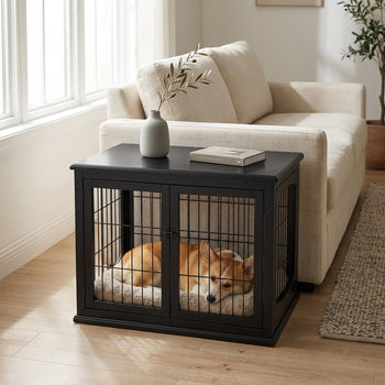 Dog Crate Furniture, 32" Small Dog Cage End Table with 2 Doors, Lockable Door, Puppy Kennel Indoor, Black
