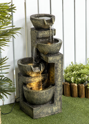 Small Outdoor Fountain with 4-Tier Stone Bowls, Adjustable Waterfall Flow & LED Lights, Perfect for Patio & Zen Garden, Gray