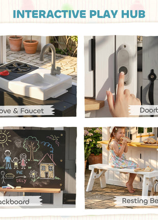Outdoor Playhouse, Wooden Kids Playhouse with Dog Door, Cookware, Blackboard, Bench, Doorbell for Ages 2+