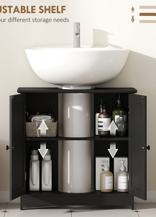 Under Sink Bathroom Cabinet, Pedestal Sink Storage Cabinet with 2 Doors, Shelf and U-Shape, Black