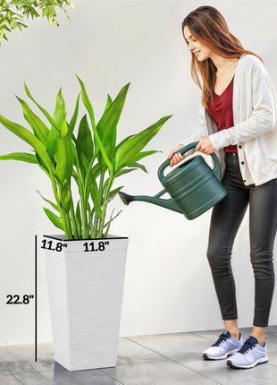 22.8 Inch Set of 3 Outdoor Planters with Stone Finish and Wheels, Stackable Tapered Planters with Drainage Hole, White