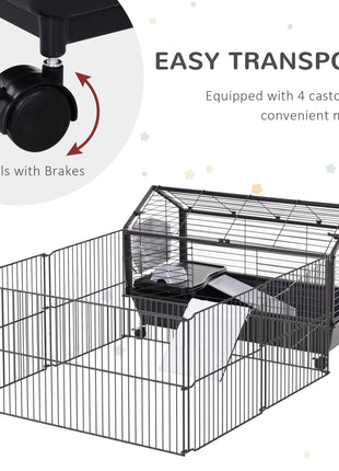Rolling Metal Rabbit, Guinea Pig, or Small Animal Hutch Cage with Main House and Run