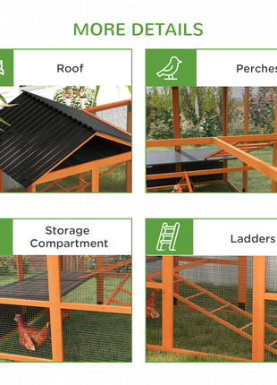 Wooden Chicken Coop Run for 6 - 10 Chickens, Hen House Add-On with Storage, Perches, 141.75" x 48" x 61", Orange