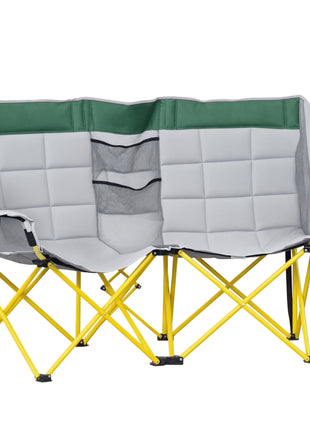 Loveseat Style Camping Chair, Oversized Folding Lawn Chair with Carry Bag & Cup Holders, for Outdoor, Beach, Picnic, Hiking, Travel, Green & Gray