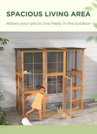 Outdoor Cat House Big Catio Wooden Feral Cat Shelter Enclosure with Large Spacious Interior, 6 High Ledges, Weather Protection Asphalt Roof, 71" L, Orange