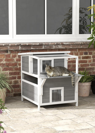 2-Story Wooden Cat House Outdoor with Balcony, Openable Top, Escape Door, Removable Panel & Floor, for Backyard, Outside