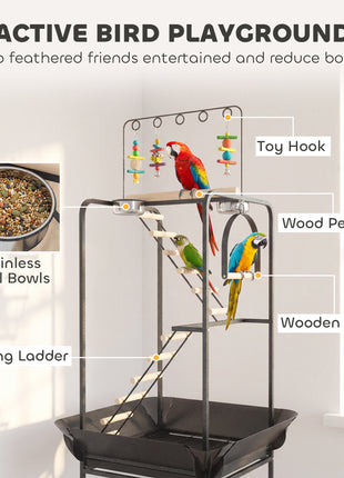 64"H Rolling Bird Playground Parrot Stand with Seed Guard & Wheels, Ladders, Swing, Toy Hook & Bowls