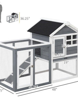 Indoor Rabbit Enclosure, 48" Weatherproof Wooden Rabbit Hutch, with Slanted Asphalt Roof & Fun Outdoor Run for Bunnies & Ferrets - Gray