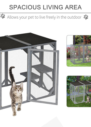 71" x 32" x 44" Large Wooden Outdoor Cat Enclosure Catio Cage With 3 Platforms, Gray