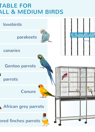 Rolling 65"L Bird Cage w/ Storage Shelf Wood Perch Food Container