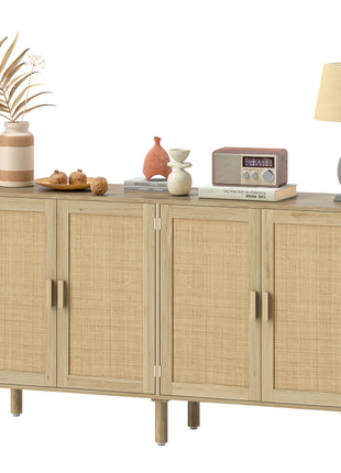 Bohemian Sideboard, 62.2" Buffet Cabinet with 4 Rattan Doors and Shelves for Living Room, Hallway, Natural