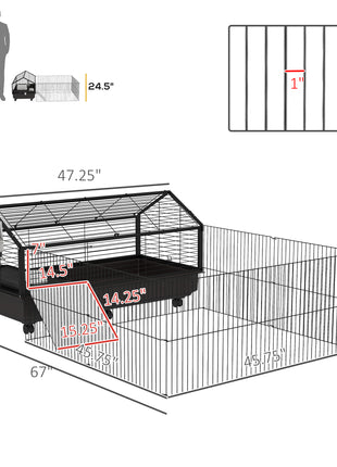 Small Animal Playpen Cage with Rolling Caster, Water Bottle 46.5"