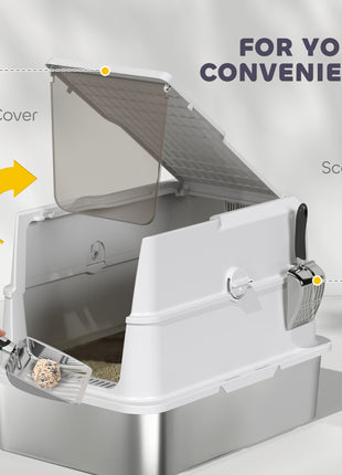 Extra Large Stainless Steel Cat Litter Box for Big Cats with Flip Cover, High-Sided Enclosure & Scoop