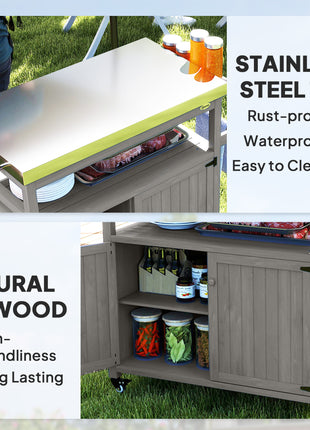 Outdoor Grill Cart w/ Stainless Steel Top, Solid Wood Outdoor Kitchen Island w/ Wheels, Storage Cabinets, Gray