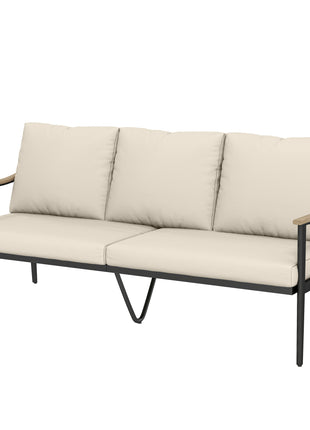 3 Seater Outdoor Patio Sofa, Outdoor Couch with Wood-Effect Armrests, Wicker Backrest, Cushions for Garden Yard, Khaki
