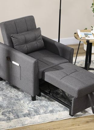 3-in-1 Convertible Chair Bed, Multi-Functional Single Sofa Bed, Pull Out Sleeper Chair with Adjustable Backrest, Pillow, and Pockets, Gray