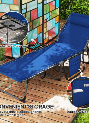 Folding Outdoor Chaise Lounge Chair Tanning Chair with 5-Level Adjustable Back, Side Table, Pillow, Pocket, Dark Blue