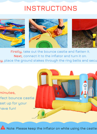 Kids Bounce House, 4-in-1 Rocket Inflatable Water Slide Jumping Castle with 2 Slides, Climbing Wall, Trampoline, & Water Pool Area, Air Blower