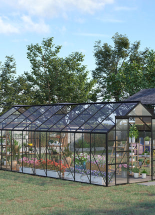 20' x 8' Aluminum Greenhouse Polycarbonate Walk-in Garden Greenhouse Kit with Adjustable Roof Vent, Rain Gutter and Sliding Door for Winter, Clear