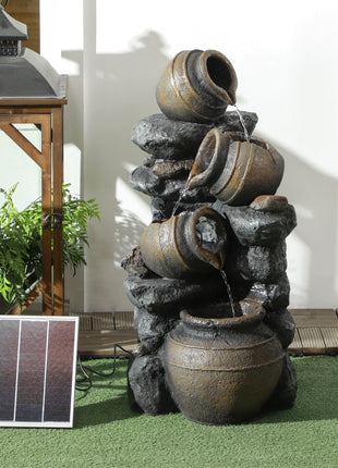 28.3" Solar Water Fountain, 4-Tier Resin Cascading Jars and Stacked Stones Outdoor Waterfall Fountain with LED Lights