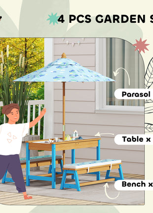 Kids Picnic Table Set with Foldable Umbrella, Removable Cushions & Boxes, Dinosaur Theme, Blue