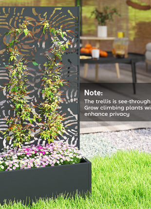 Metal Planter Box with Trellis, 71" Tall Raised Garden Bed with Privacy Screen and Drainage Holes, Banana-Leaf Cut-Outs