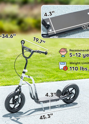 Kids Scooter, Lightweight Scooter with Adjustable Handlebar, Rear Brake, Kickstand, 12" EVA Wheels, for 5-12 Y, White