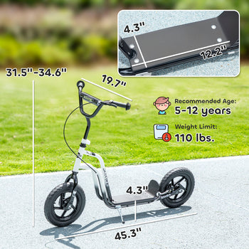Kids Scooter, Lightweight Scooter with Adjustable Handlebar, Rear Brake, Kickstand, 12" EVA Wheels, for 5-12 Y, White