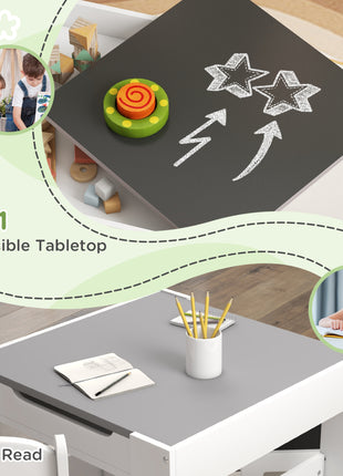 3pc Kids Table and Chair Set with Reversible Tabletop Blackboard, Storage & Bookshelves, Gray