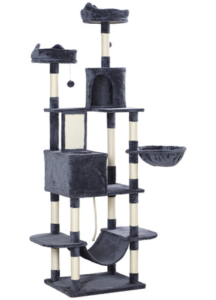 81" Cat Tree w/ Cat Scratching Posts, Scratching Board, Condos, Beds, Hammocks, Toy Balls, Rope Cat Toy, Gray